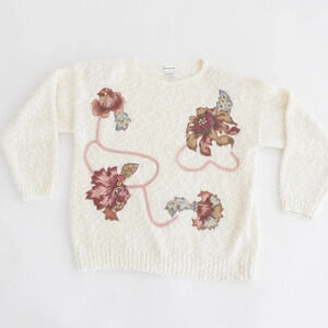 Vintage Hana Lee Cream Floral & Beaded Knit Crewneck Sweater 2X